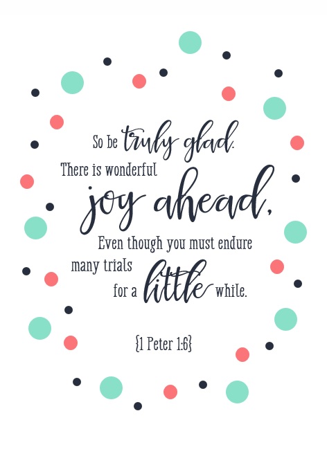 Right click and copy this free 5x7 printable of 1 Peter 1:6 by www.thejoybeforeme.com